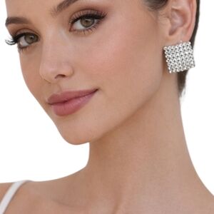 Vintage Rhinestone Pavé Square Stud Earrings 1”